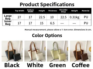 Detailed size chart and multi-color comparison for large PU leather tote bag set