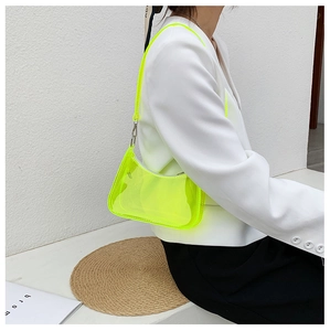 Detail of neon green transparent PVC shoulder bag with silver metal zipper and sleek strap