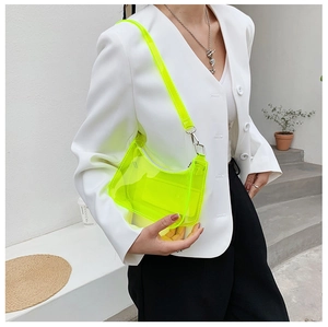 Detail of neon yellow transparent PVC shoulder bag with stitching and silver buckle
