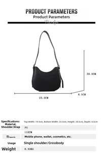 Size guide for a black PU leather moon bag showing dimensions and crossbody strap length