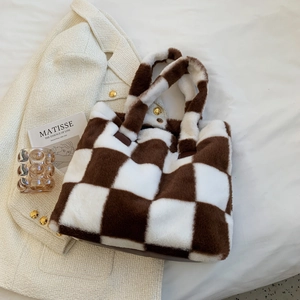 Brown and white checkered plush laptop bag with soft faux fur texture for women