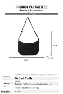Paramètres de taille détaillés du sac à bandoulière noir en tissu Oxford