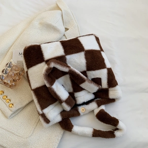 Brown and white checkered plush tote bag made of soft faux fur for daily casual wear