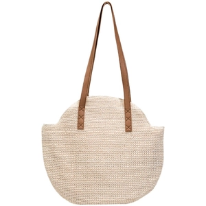 Handmade woven straw tote bag with brown faux leather handles for beach or casual use