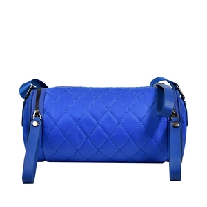 Quilted royal blue nylon bucket crossbody bag with cylinder shape and zipper detail