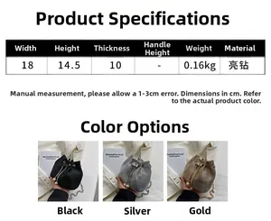 Size guide for the rhinestone bucket bag showing black, silver, and gold options