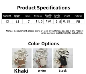 Detailed size chart and dimensions for the stylish PU leather bucket bag with top handle
