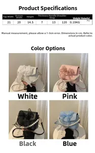 Detailed size specifications and material chart for small bow handbag with pearl handle