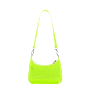Neon lime green transparent PVC baguette shoulder bag with chain strap and top zipper