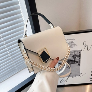 Women PU Leather Shoulder Bag With Geometric Buckle And Chain Strap Minimalist Flap Crossbody Trendy Handbag For Daily