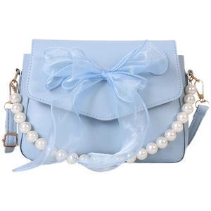 Light blue crossbody bag with organza bow and pearl handle on white background