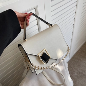 Elegant cream white rectangular crossbody bag with diamond metal buckle and chain strap