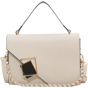 Chic beige crossbody bag featuring a golden geometric buckle and chain strap on white background