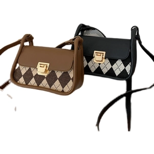 Retro plaid checkered saddle bag with gold metal buckle in black and brown colors