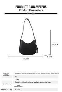 Detailed size specifications for minimalist black PU leather half-moon crossbody bag