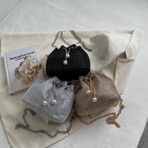 Elegant Rhinestone Bucket Bag With Artificial Pearl Drawstring And Metal Chain For Women Party Evening Sparkling Mini Crossbody