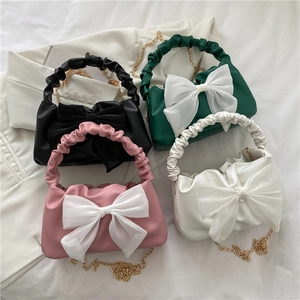 Pleated bow handbag in black, green, pink and white with detachable gold chain straps