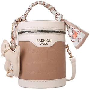 Fashionable bicolor bucket handbag with faux crocodile texture and printed silk scarf wrap