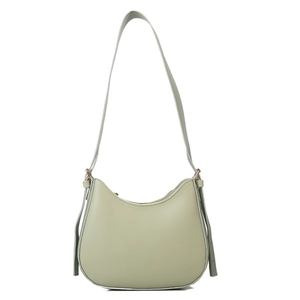 Minimalist sage green half-moon shoulder bag with knot detail on smooth faux leather