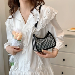 Sparkly black rhinestone crescent shoulder bag for women with elegant moon shape design