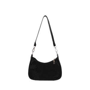 French style black crescent shoulder bag with rock style metal stud details and silver zipper