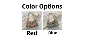 Detail view of vintage canvas hobo bags in red and blue floral patterns with wide straps