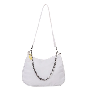 White nylon crescent shoulder bag with metallic chain detail and yellow charm