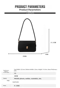 Detailed dimension chart showing size and PU leather material for black saddle shoulder bag