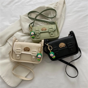 Women Mini Crossbody Bag PU Leather Cute Cartoon Dog Embroidery Flap Square Bag With Dinosaur Pendant Korean Style