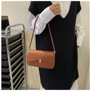 Close-up of brown leather shoulder bag with gold metal buckle shown in a daily lifestyle setting