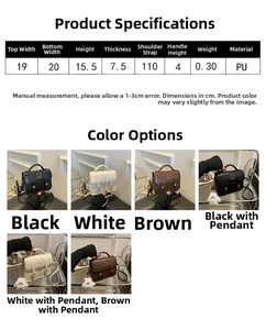 Detailed size chart and multi-color specifications for PU leather crossbody square bag
