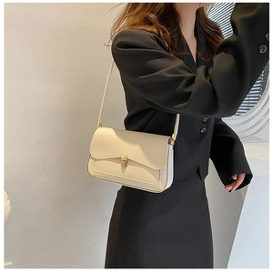 Close-up of minimalist beige saddle bag with gold clasp on model in black suit