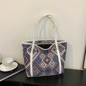 Large capacity geometric woven tote bag with white leather straps for university students