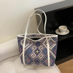 Large canvas tote bag with geometric ethnic pattern and white leather shoulder straps
