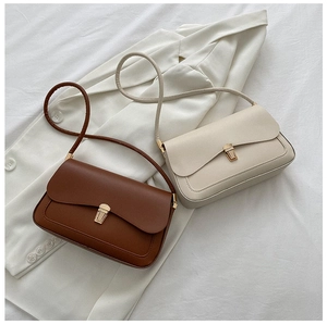 Macro shot of minimalist leather saddle bags with elegant gold metal buckles in brown and cream