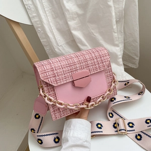 Tweed PU Leather Shoulder Crossbody Bag Chunky Chain Daisy Print Wide Strap Square Flap Korean Fashion Women