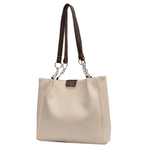 Grande borsa tote beige in pelle PU con manici marroni e dettagli a catena per ufficio