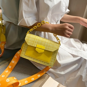 Yellow tweed woven crossbody bag with daisy strap and chain handle for women