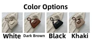 Detailed view of four textured shoulder bags in white, dark brown, black, and khaki colors