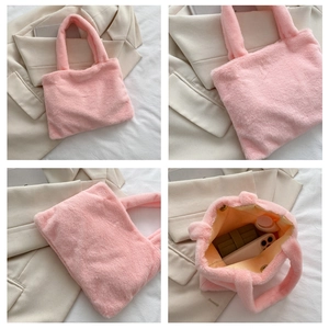 Detailed views of pink plush tote bag showing soft texture, yellow lining, and snap closure