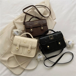 Retro PU Leather Small Square Crossbody Bag With Bear Embroidery And Plush Charm For Women Vintage Style Messenger Handbag