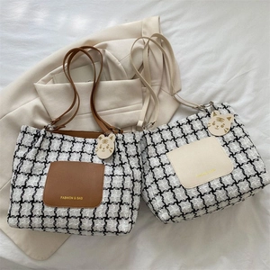 Sac Fourre-Tout En Tweed Pied-De-Poule Grande Capacité Vintage Plaid Sac À Main Épaule Mode Décontracté Avec Breloque Femmes