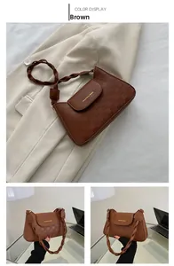Detail view of brown PU leather shoulder bag featuring checkered texture and woven strap