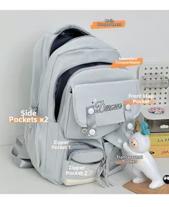 Detail view of water-resistant nylon school backpack with multiple functional compartments