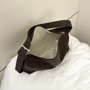 Minimalist large dark coffee tote bag in grainy faux leather with adjustable silver buckle