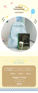 Detailed size specifications for the blue nylon backpack with bow embroidery detail