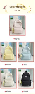 Vertical view of nylon backpacks in pink, yellow, blue, white, and black with bow embroidery