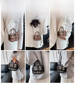 Collage de sacs à main en laine à carreaux montrant les options rouge-brun et noir-gris