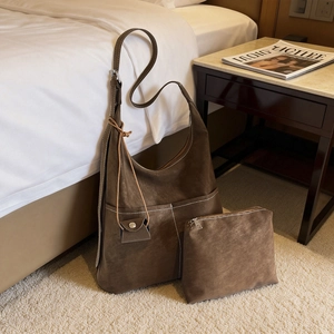 Brown faux suede hobo bag set with shoulder strap and matching small zipper pouch