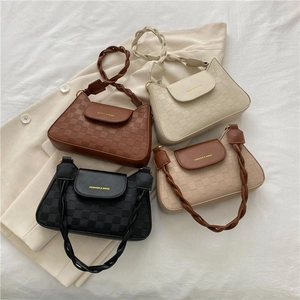 Women Underarm Shoulder Bag PU Leather Checkerboard Pattern Braided Strap Retro Flap Small Square Versatile Chic